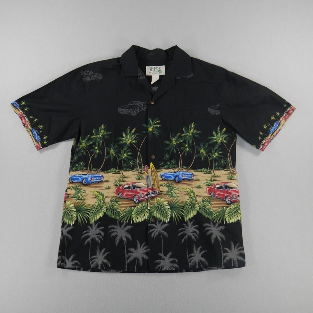 KY's Hawaiian Aloha Button Shirt Palms Trees Cars Surf Made In USA Mens M Black‎